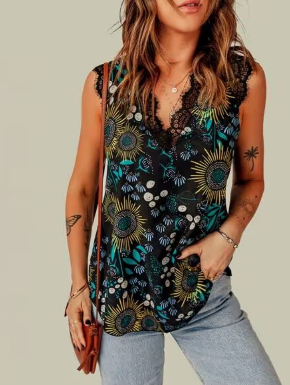 Floral Lace-Trim Sleeveless Top - Navy with Yellow Sunflower Print